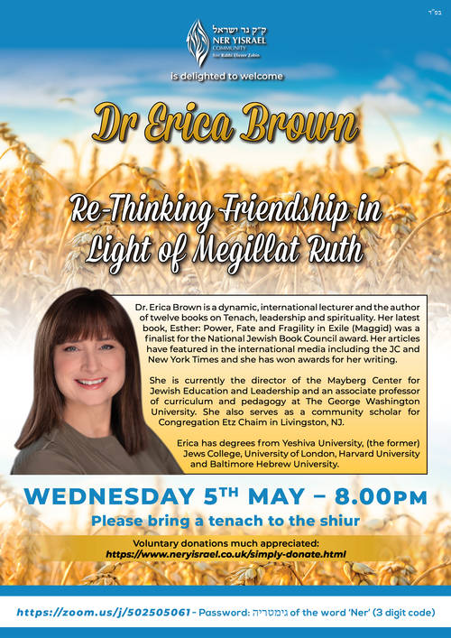 Banner Image for Pre-Shavuot - Dr Erica Brown - Re-thinking friendship in light of Megillat Ruth