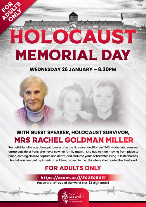 Banner Image for Holocaust Memorial Day - guest speaker - Holocaust Survivor - Mrs Rachel Goldman Miller
