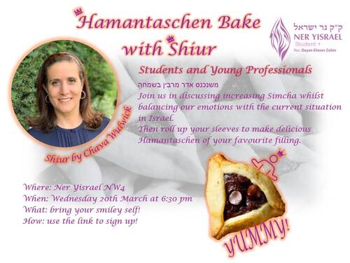 Banner Image for Students & Young Professionals - Hamantaschen bake with shiur given by Chava Wulwick - to book - follow this link - https://forms.gle/Nb9Un7CG31UfJmFcA